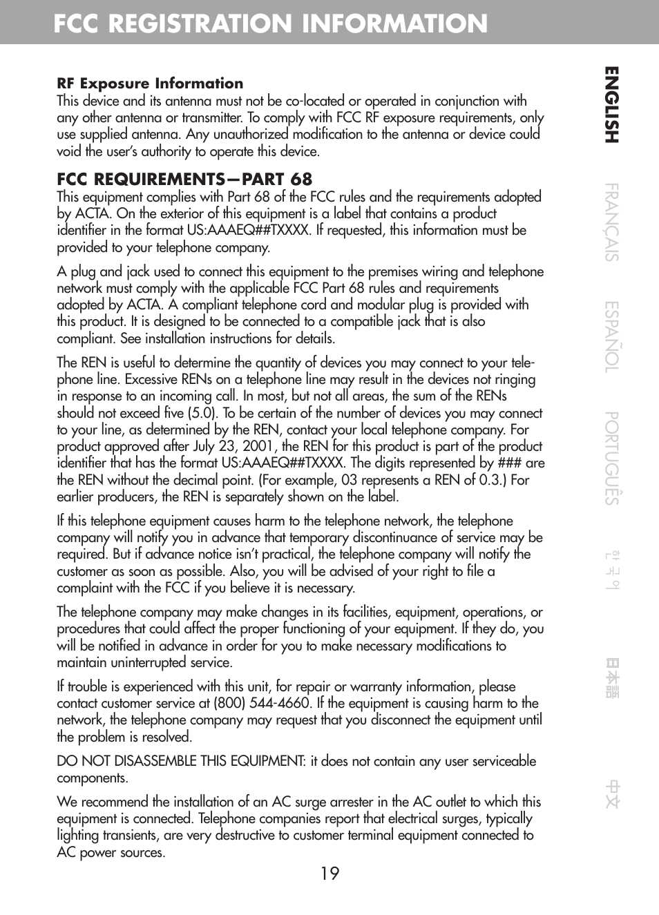 Fcc registration information | Plantronics CT10 User Manual | Page 24 / 136