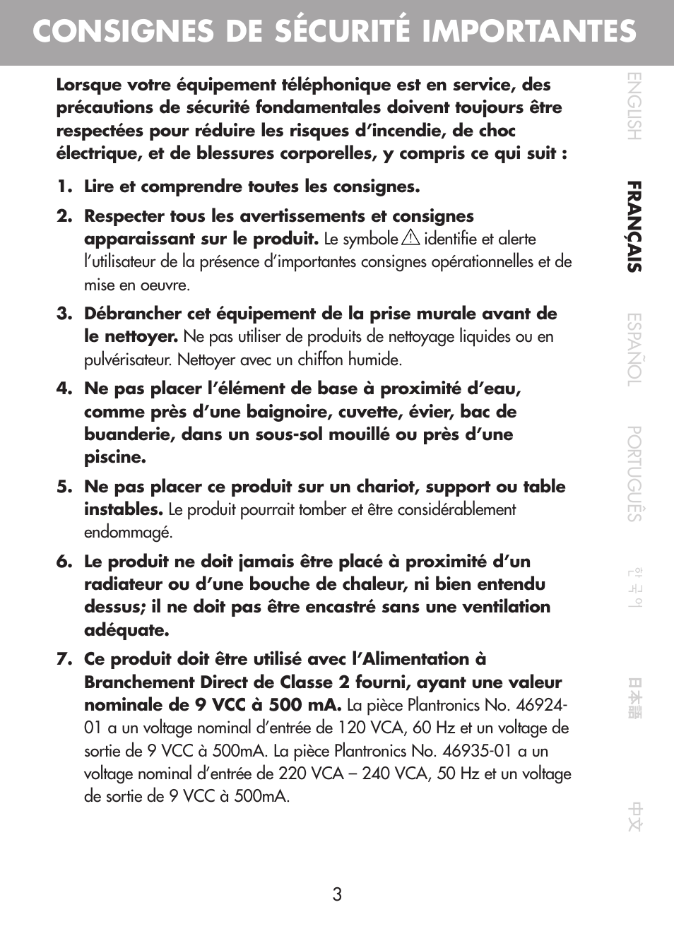 Consignes de sécurité importantes | Plantronics CT10 User Manual | Page 28 / 136