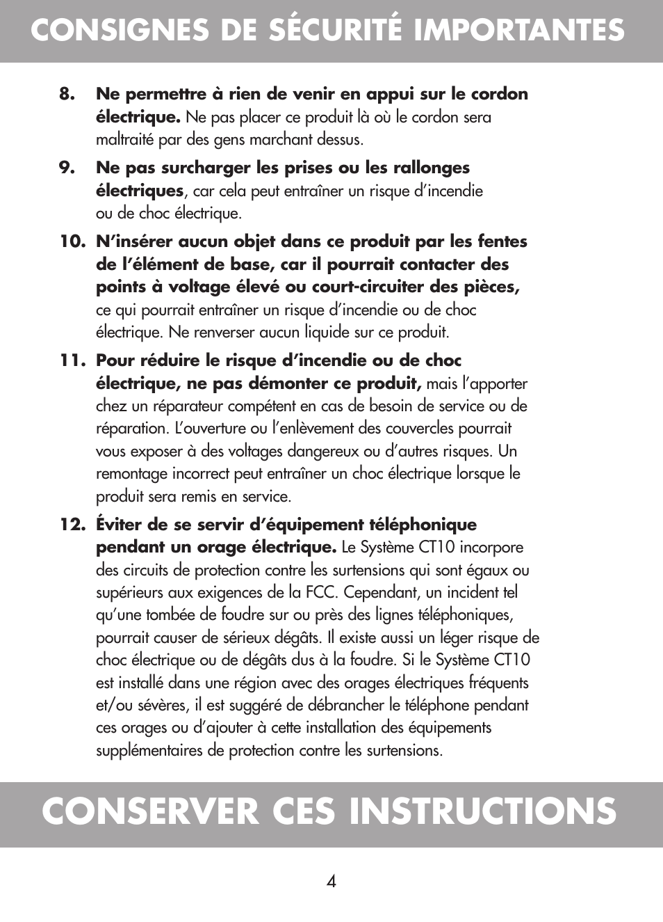 Conserver ces instructions, Consignes de sécurité importantes | Plantronics CT10 User Manual | Page 29 / 136