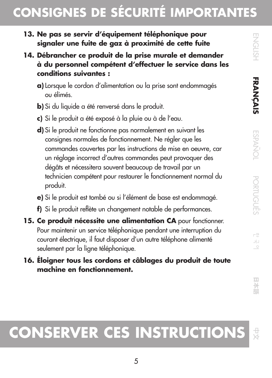 Conserver ces instructions, Consignes de sécurité importantes | Plantronics CT10 User Manual | Page 30 / 136