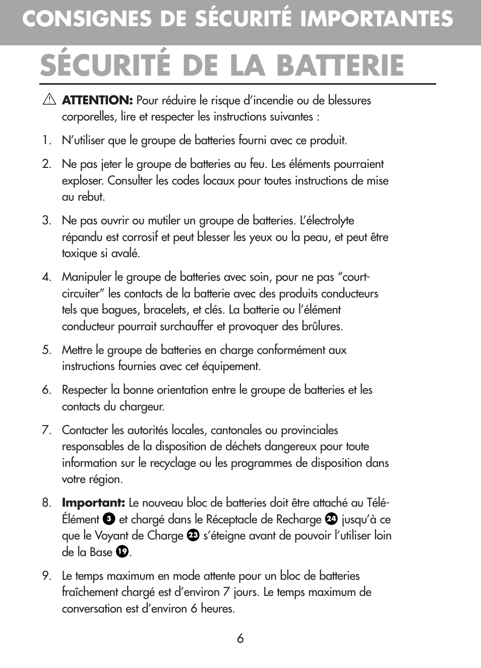 Sécurité de la batterie, Consignes de sécurité importantes | Plantronics CT10 User Manual | Page 31 / 136