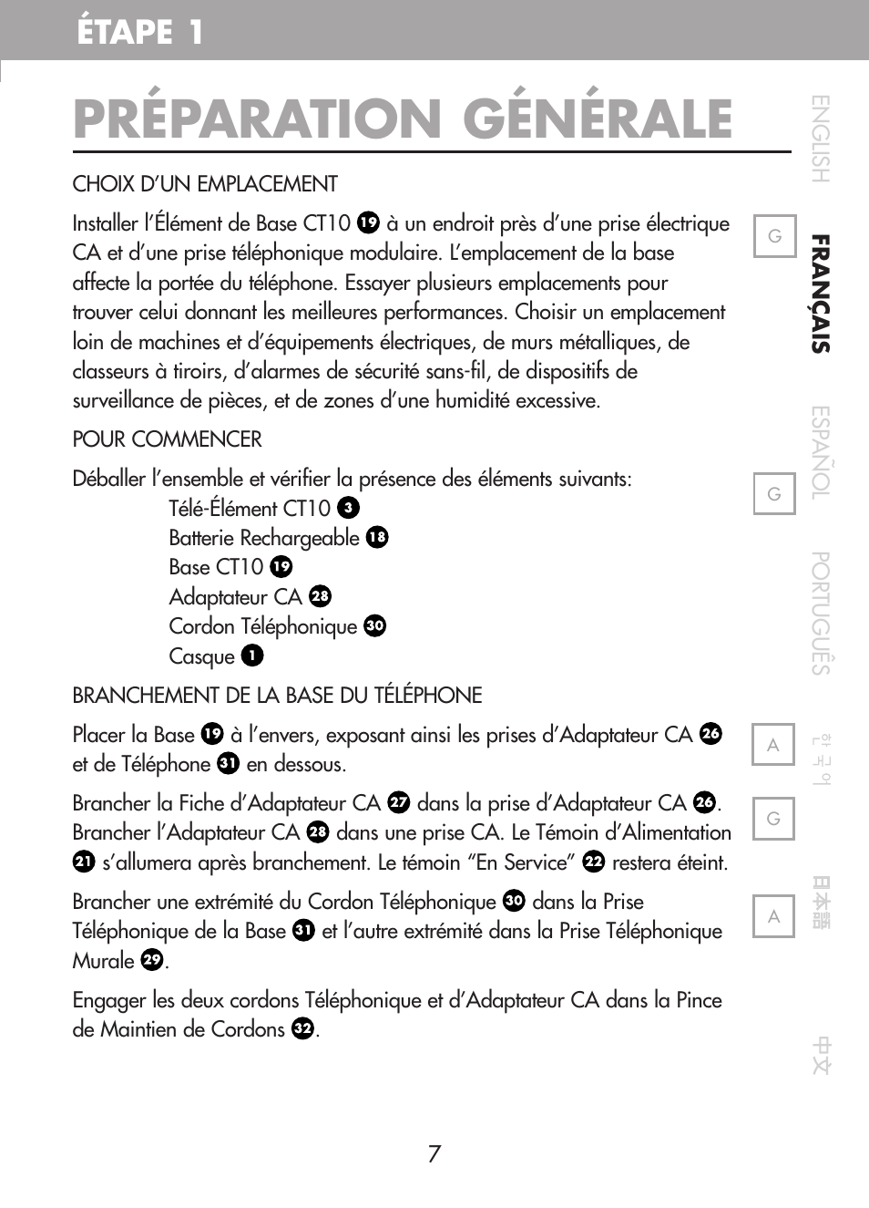 Préparation générale, Étape 1 | Plantronics CT10 User Manual | Page 32 / 136