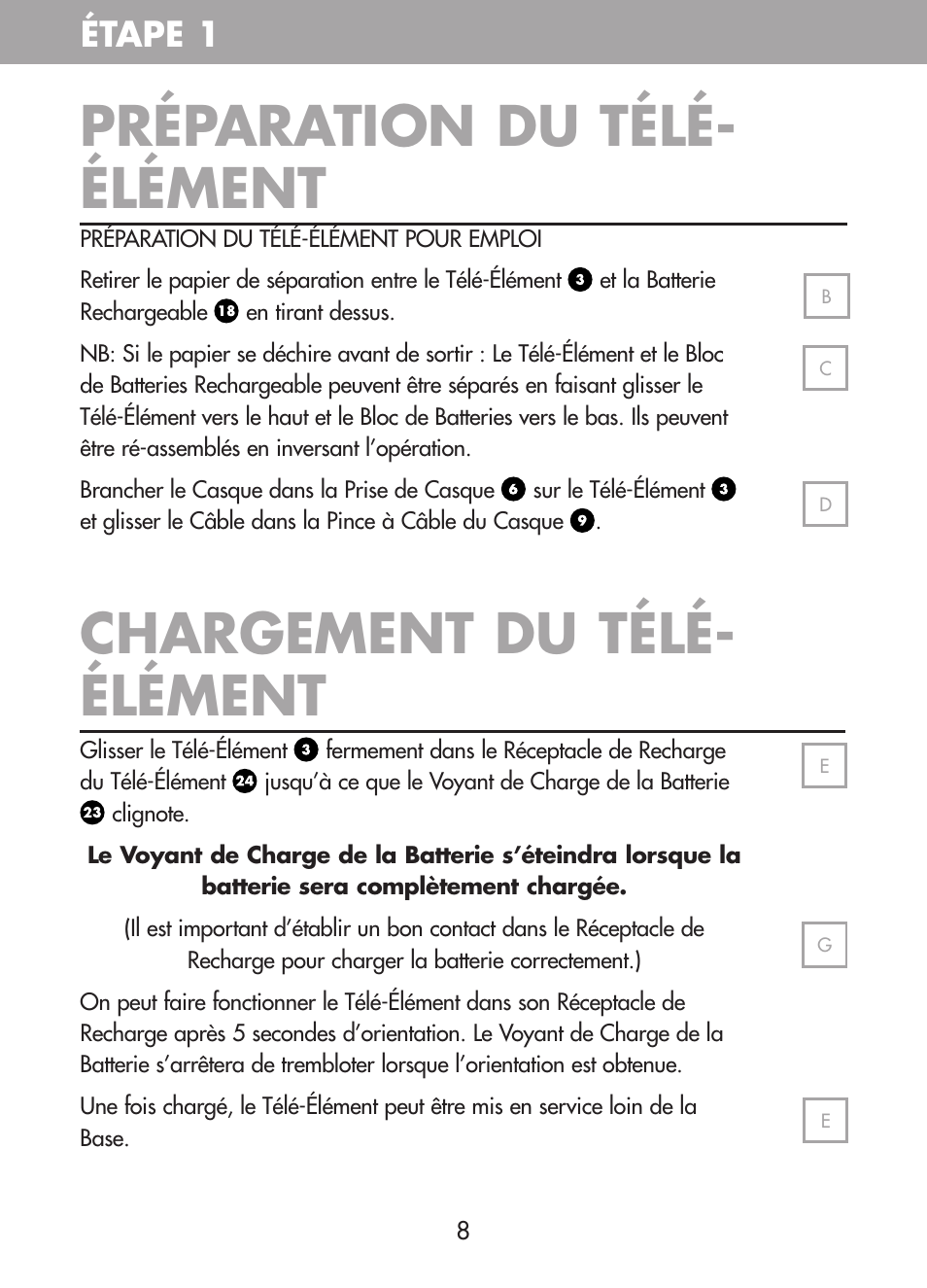 Préparation du télé- élément, Chargement du télé- élément, Étape 1 | Plantronics CT10 User Manual | Page 33 / 136