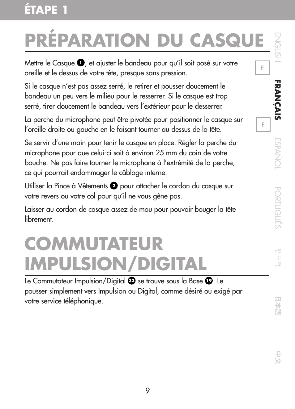 Préparation du casque, Commutateur impulsion/digital, Étape 1 | Plantronics CT10 User Manual | Page 34 / 136