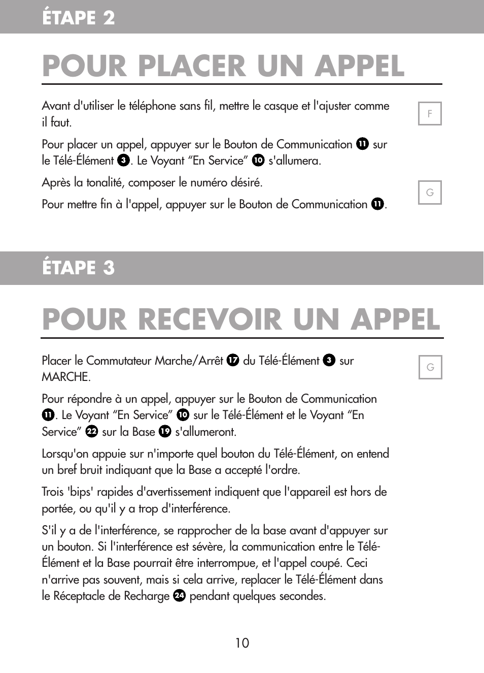 Pour placer un appel, Pour recevoir un appel, Étape 2 étape 3 | Plantronics CT10 User Manual | Page 35 / 136