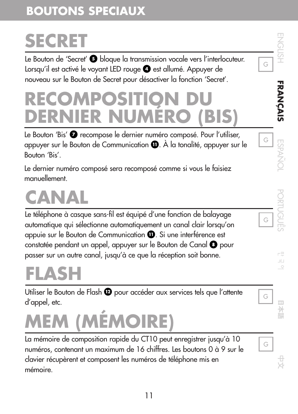 Secret, Recomposition du dernier numéro (bis), Canal flash | Mem (mémoire), Boutons speciaux | Plantronics CT10 User Manual | Page 36 / 136