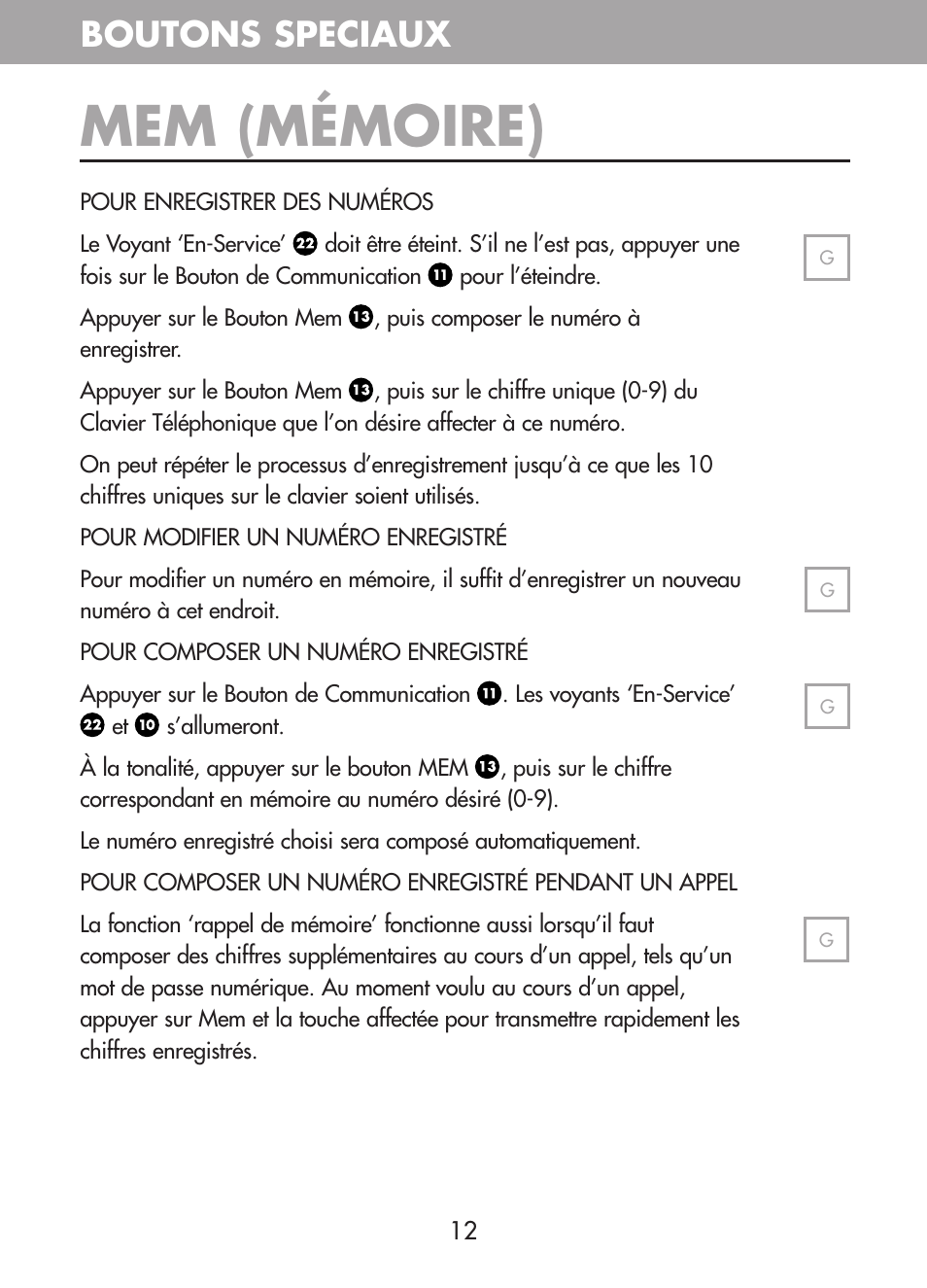 Mem (mémoire), Boutons speciaux | Plantronics CT10 User Manual | Page 37 / 136