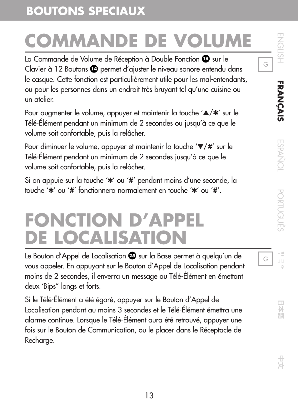 Commande de volume, Fonction d’appel de localisation, Boutons speciaux | Plantronics CT10 User Manual | Page 38 / 136