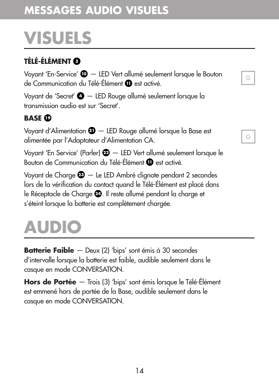 Audio, Visuels, Messages audio visuels | Plantronics CT10 User Manual | Page 39 / 136