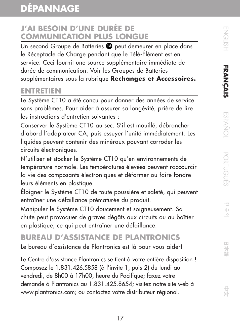 Dépannage, Entretien, Bureau d’assistance de plantronics | Plantronics CT10 User Manual | Page 42 / 136