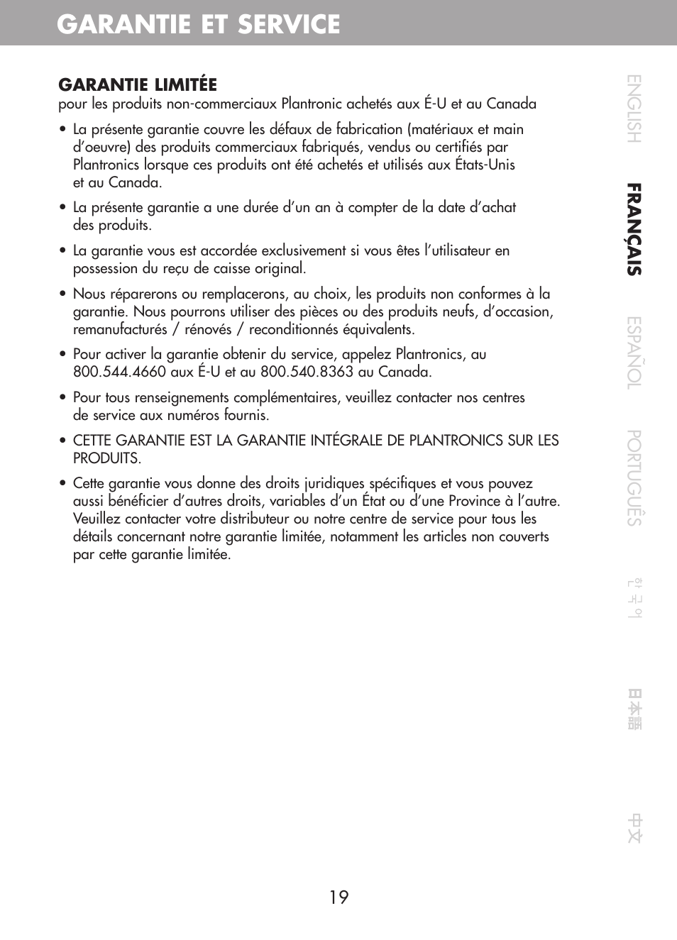 Garantie et service | Plantronics CT10 User Manual | Page 44 / 136