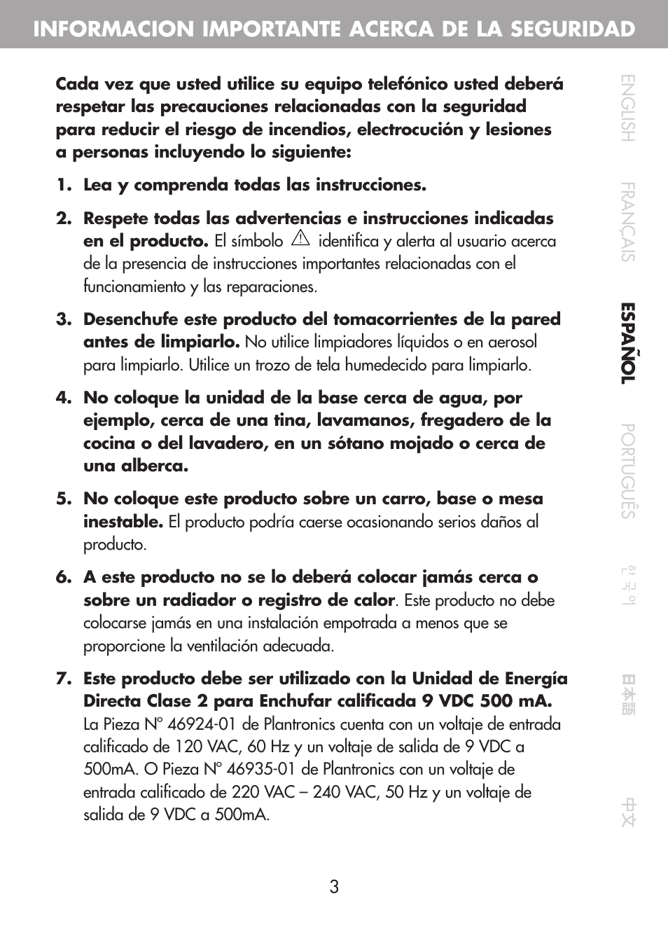 Informacion importante acerca de la seguridad | Plantronics CT10 User Manual | Page 48 / 136