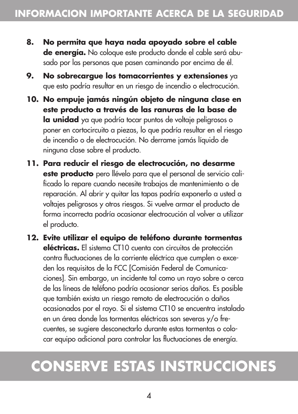 Conserve estas instrucciones, Informacion importante acerca de la seguridad | Plantronics CT10 User Manual | Page 49 / 136