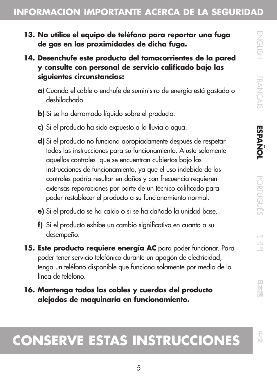 Conserve estas instrucciones, Informacion importante acerca de la seguridad | Plantronics CT10 User Manual | Page 50 / 136