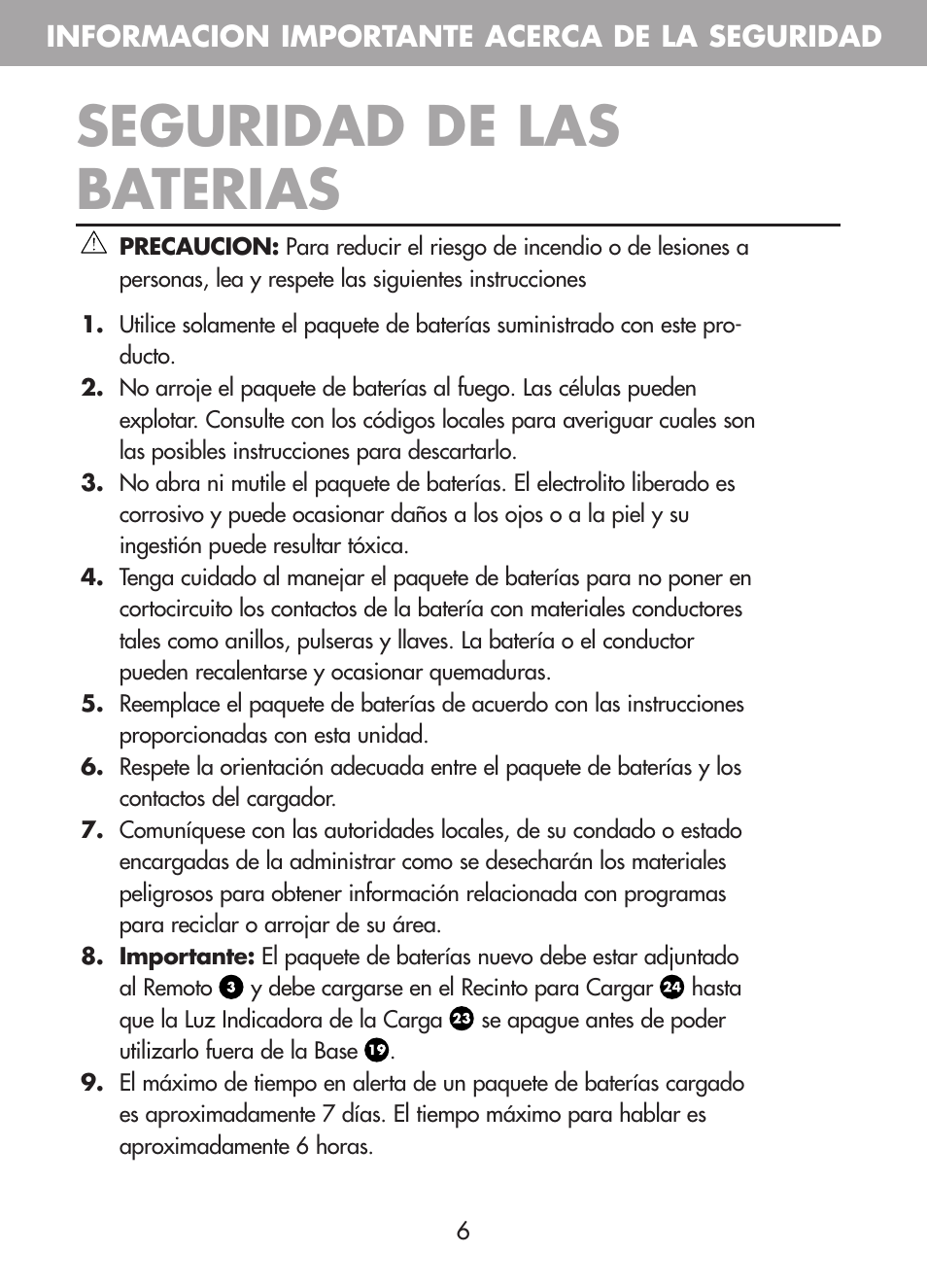 Seguridad de las baterias, Informacion importante acerca de la seguridad | Plantronics CT10 User Manual | Page 51 / 136