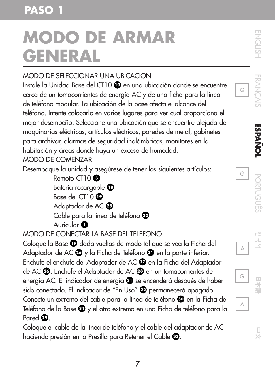 Modo de armar general, Paso 1 | Plantronics CT10 User Manual | Page 52 / 136