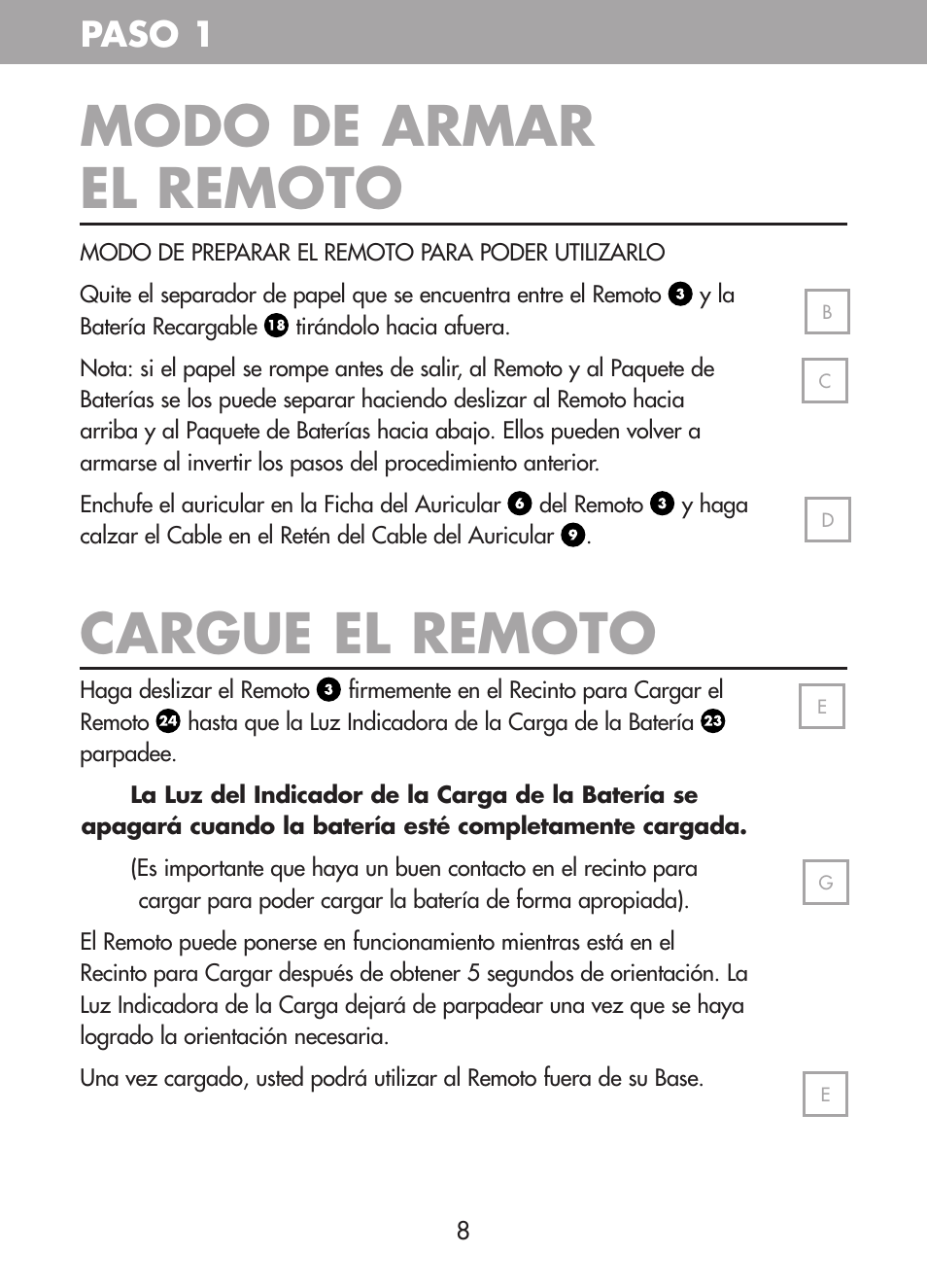 Modo de armar el remoto, Cargue el remoto, Paso 1 | Plantronics CT10 User Manual | Page 53 / 136