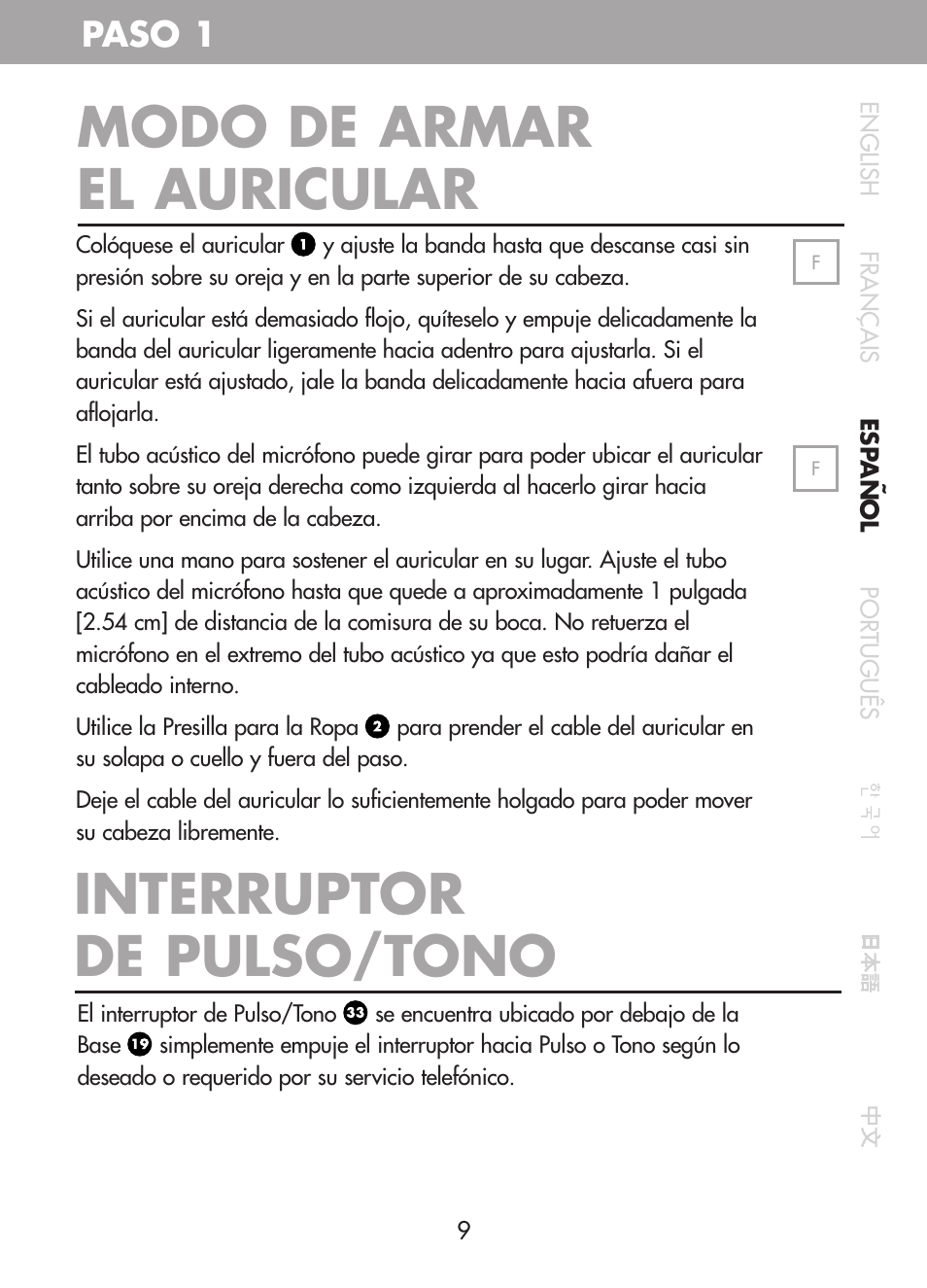 Modo de armar el auricular, Interruptor de pulso/tono, Paso 1 | Plantronics CT10 User Manual | Page 54 / 136