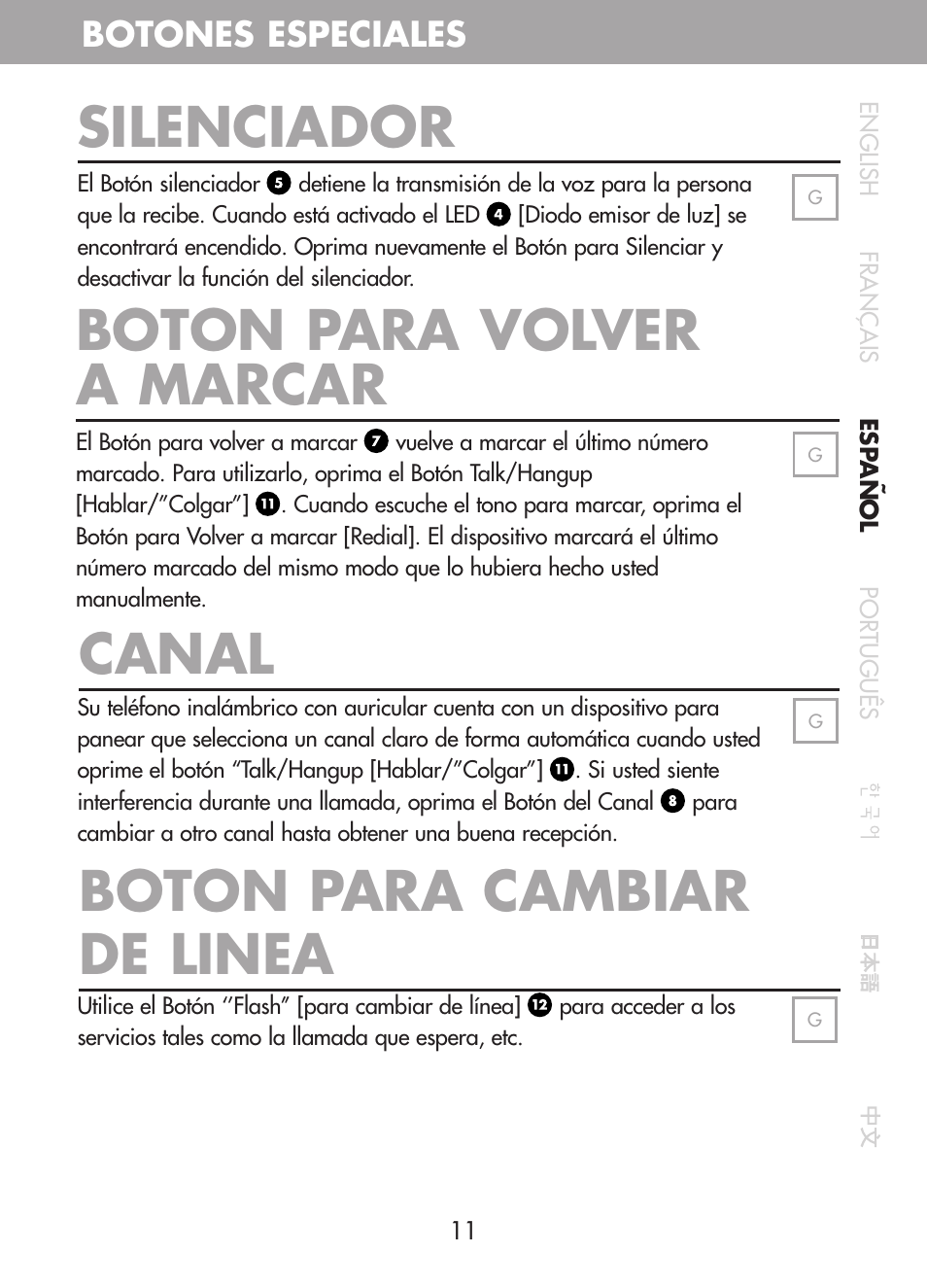 Silenciador, Boton para volver a marcar, Canal boton para cambiar de linea | Botones especiales | Plantronics CT10 User Manual | Page 56 / 136