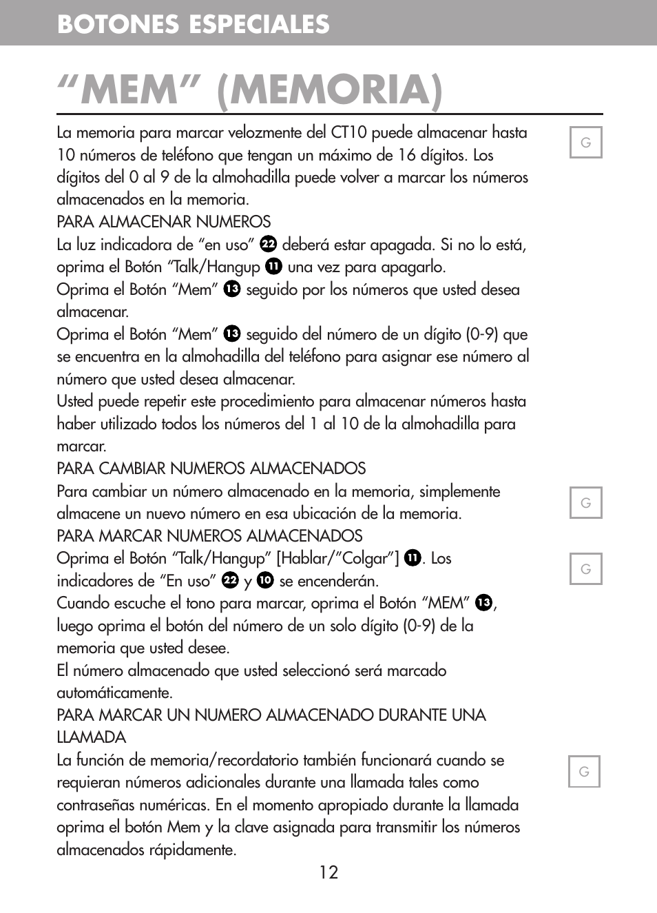 Botones especiales | Plantronics CT10 User Manual | Page 57 / 136