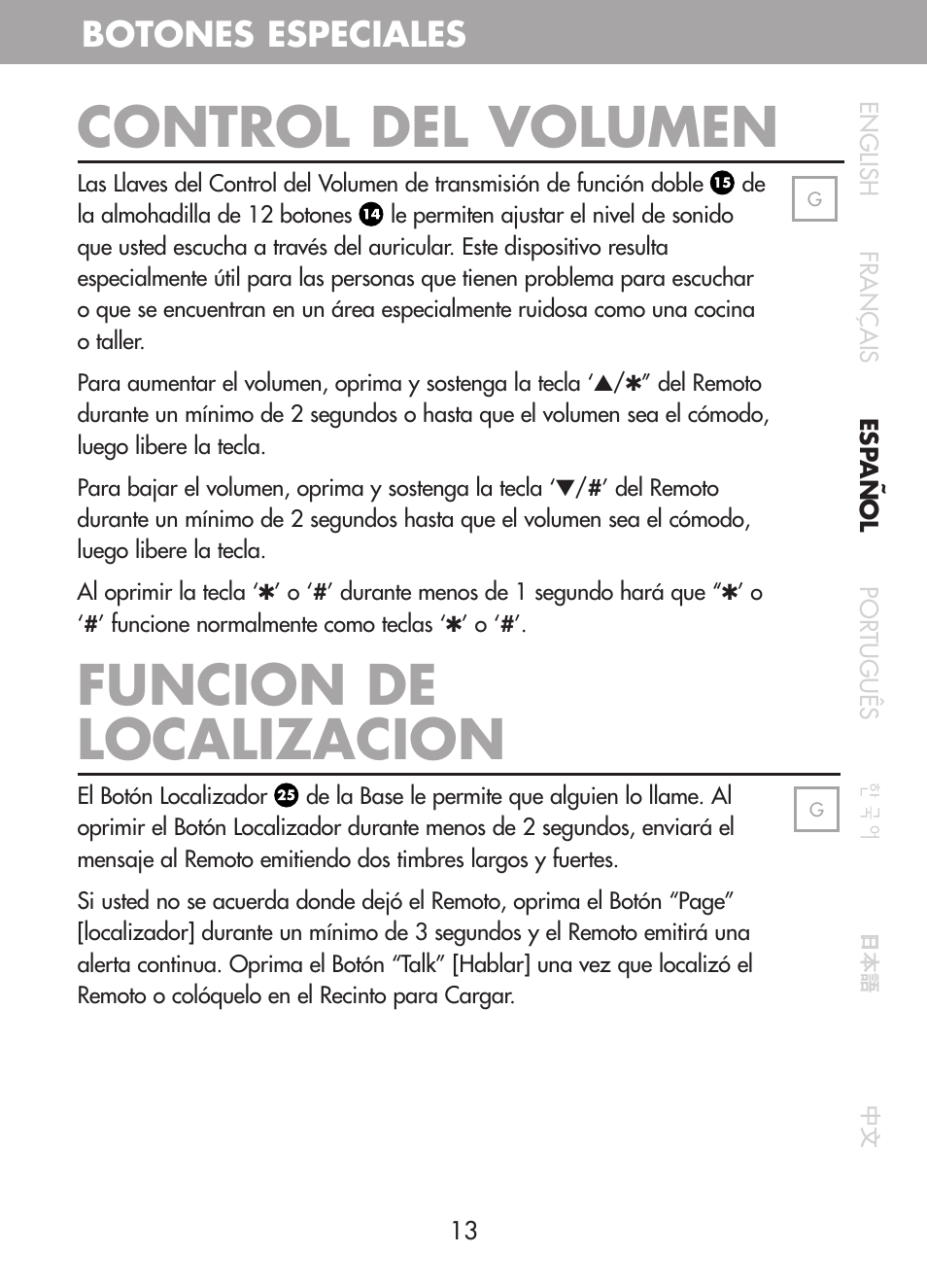Control del volumen, Funcion de localizacion, Botones especiales | Plantronics CT10 User Manual | Page 58 / 136