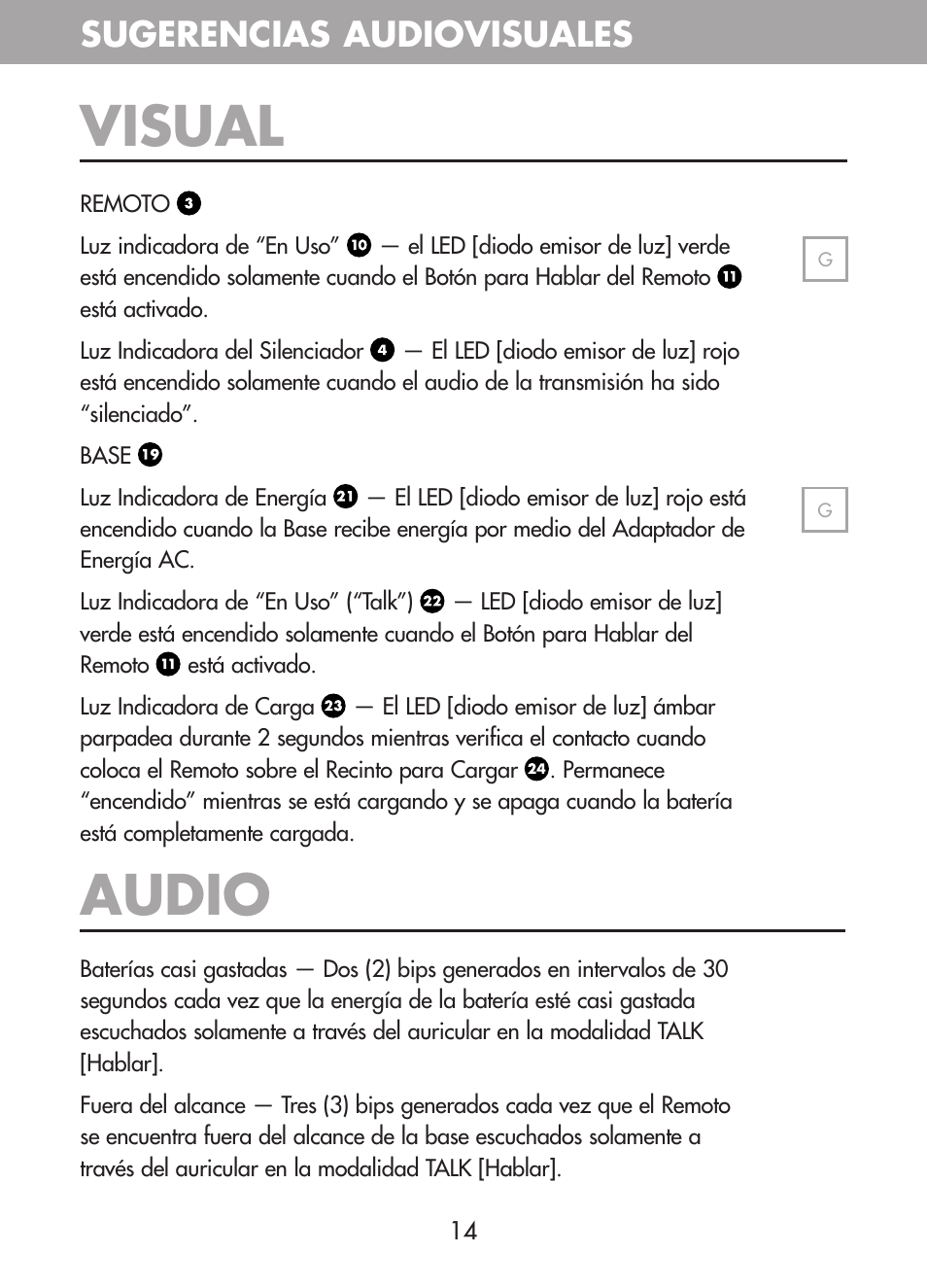 Audio, Visual, Sugerencias audiovisuales | Plantronics CT10 User Manual | Page 59 / 136