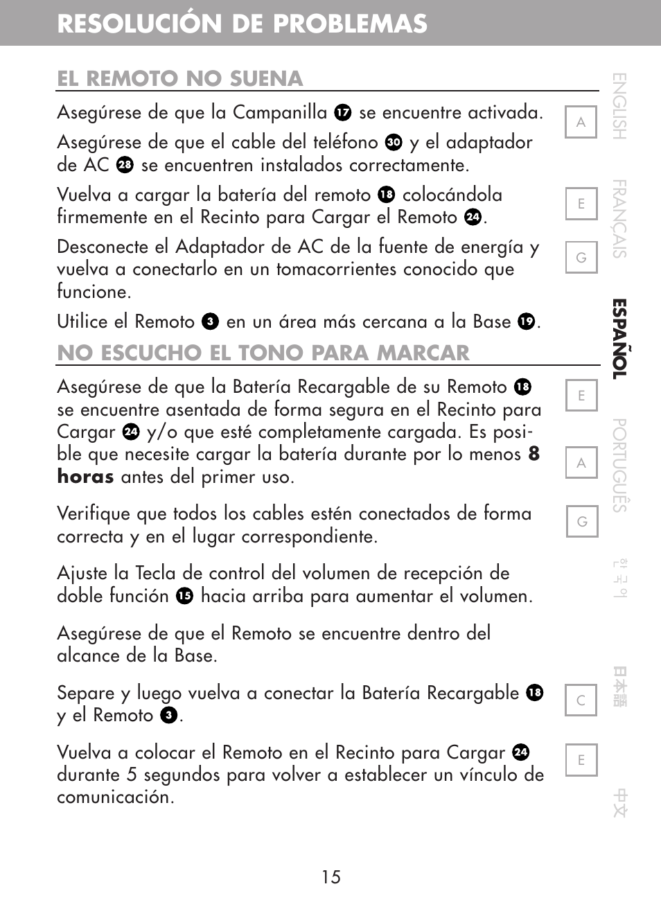 Resolución de problemas, El remoto no suena, No escucho el tono para marcar | Plantronics CT10 User Manual | Page 60 / 136