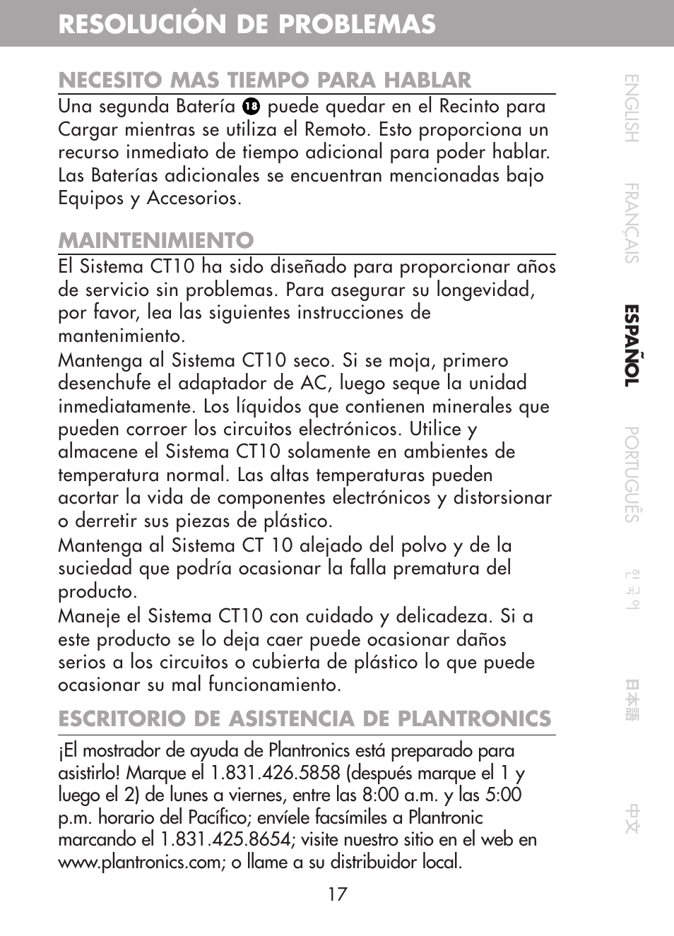 Resolución de problemas | Plantronics CT10 User Manual | Page 62 / 136