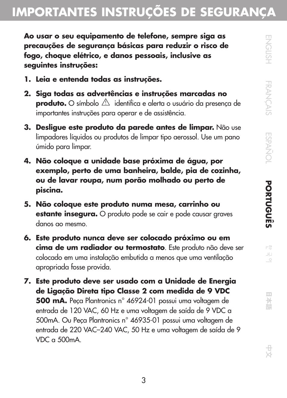 Importantes instruções de segurança | Plantronics CT10 User Manual | Page 66 / 136