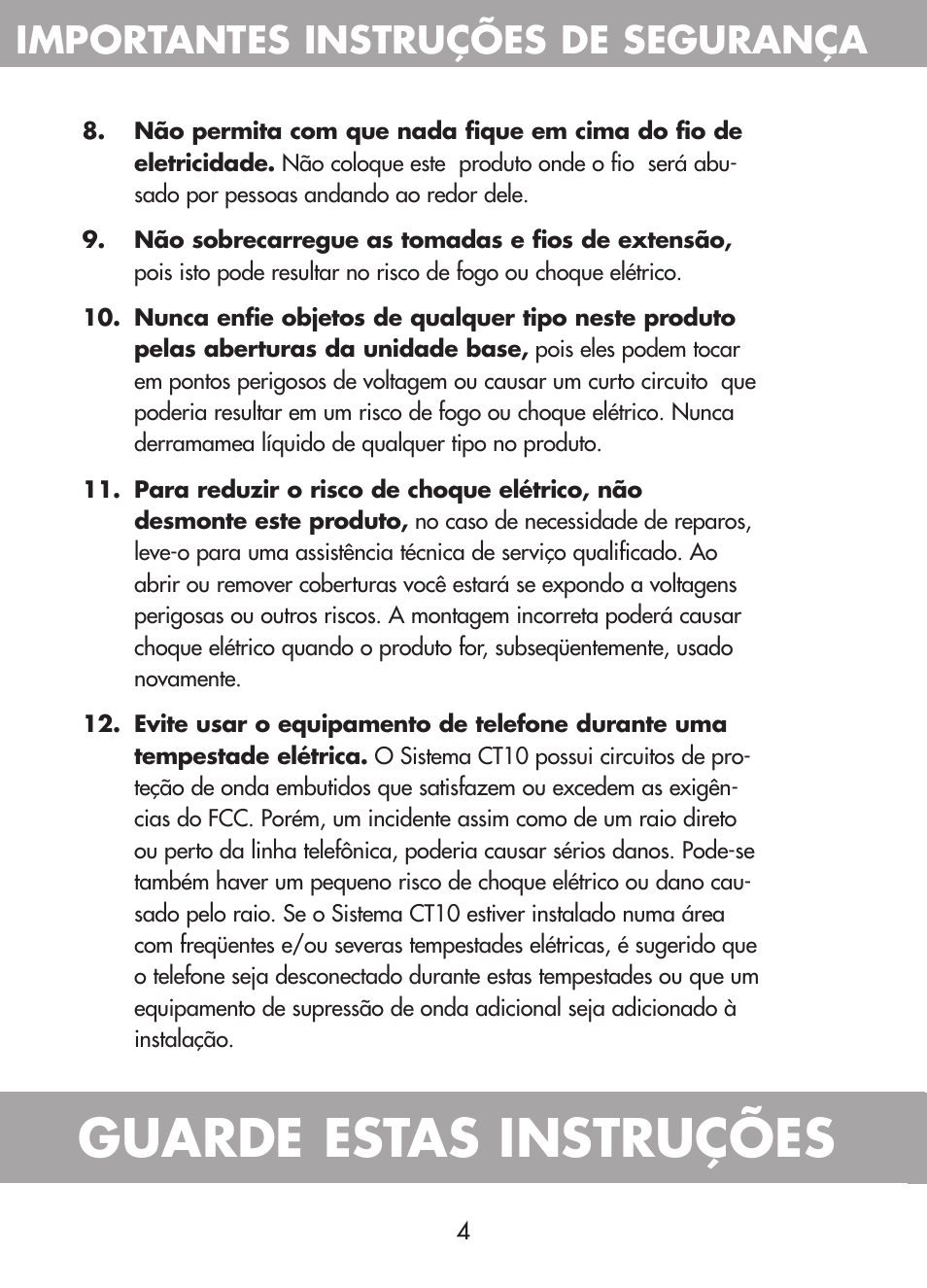 Guarde estas instruções, Importantes instruções de segurança | Plantronics CT10 User Manual | Page 67 / 136