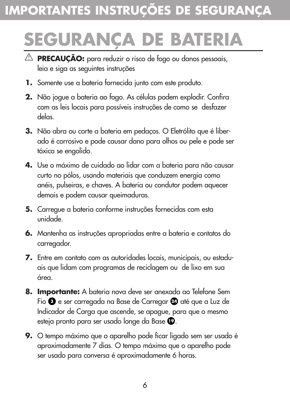 Segurança de bateria, Importantes instruções de segurança | Plantronics CT10 User Manual | Page 69 / 136