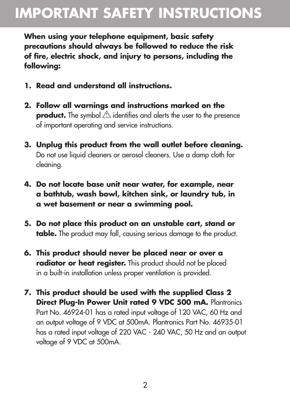 Important safety instructions | Plantronics CT10 User Manual | Page 7 / 136