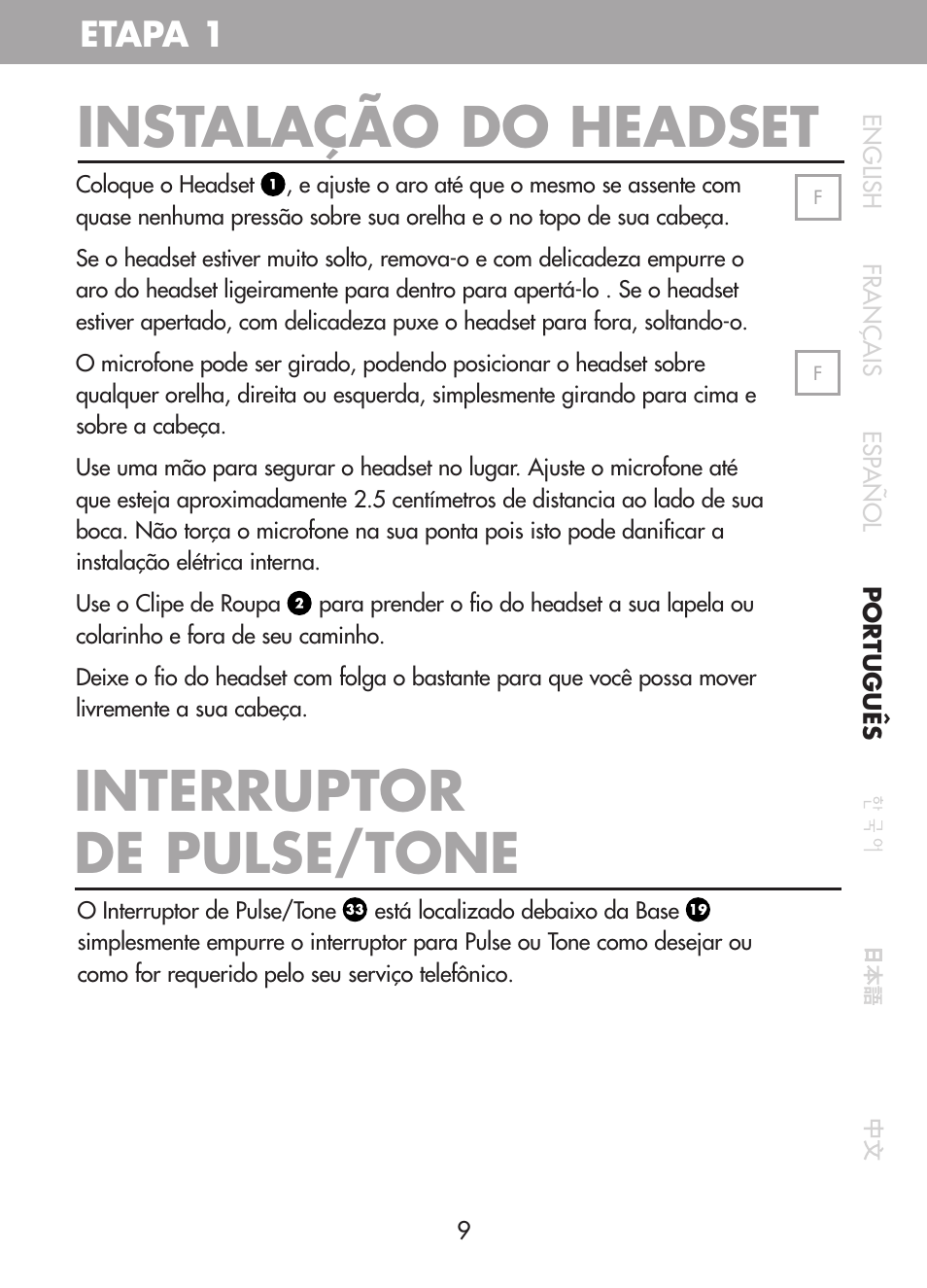 Instalação do headset, Interruptor de pulse/tone, Etapa 3 | Etapa 1 | Plantronics CT10 User Manual | Page 72 / 136