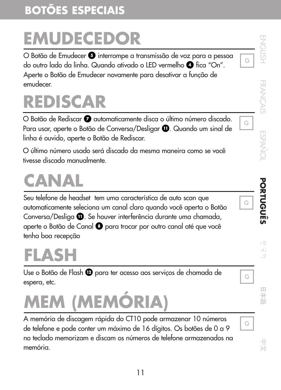 Emudecedor, Rediscar, Canal flash | Mem (memória), Botões especiais | Plantronics CT10 User Manual | Page 74 / 136