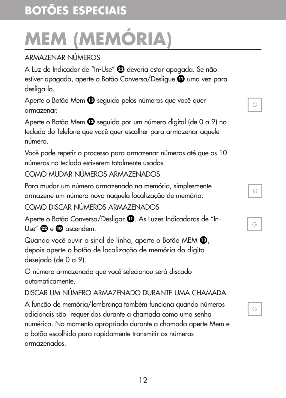 Mem (memória), Botões especiais | Plantronics CT10 User Manual | Page 75 / 136