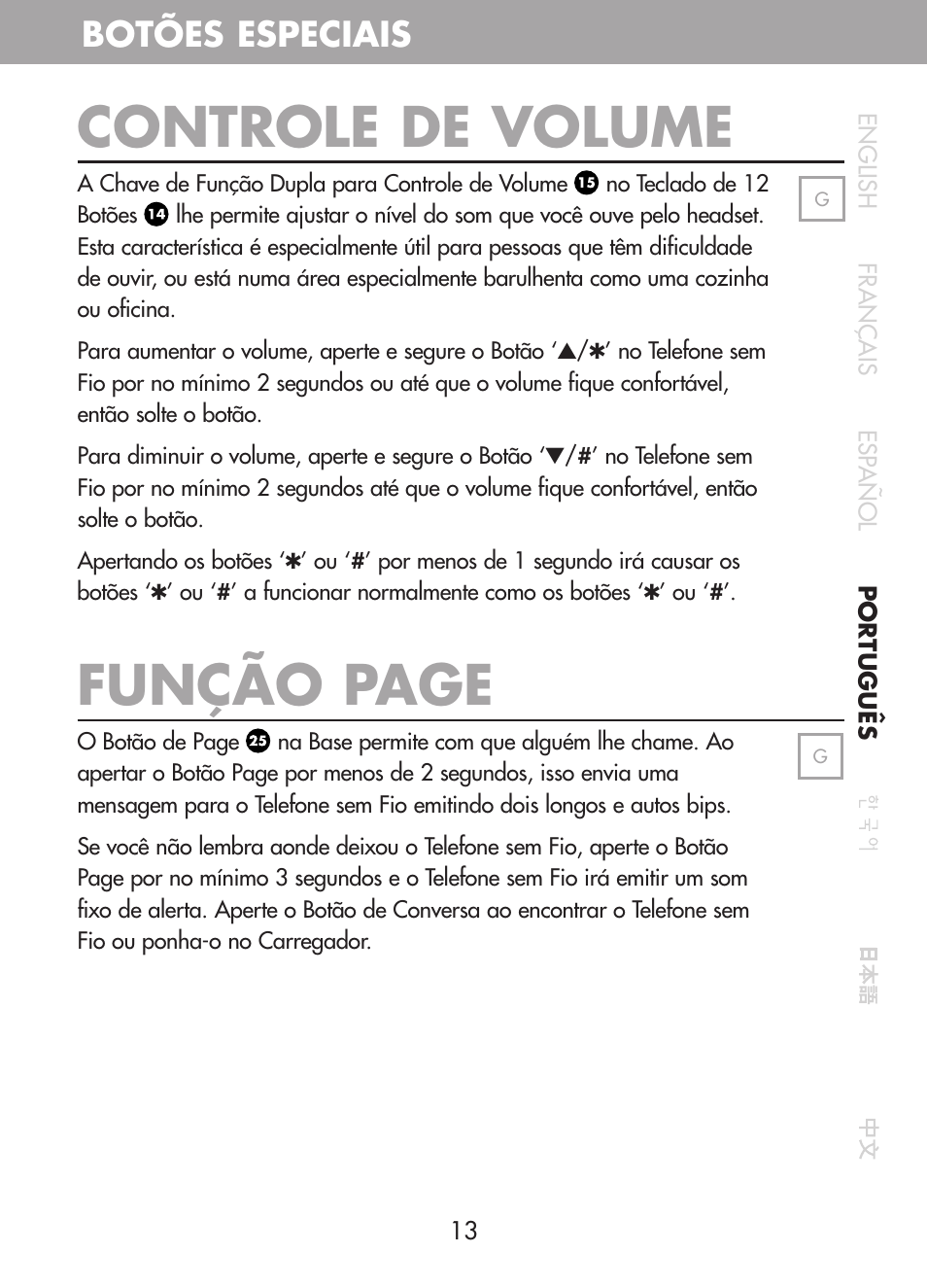 Controle de volume, Função page, Botões especiais | Plantronics CT10 User Manual | Page 76 / 136