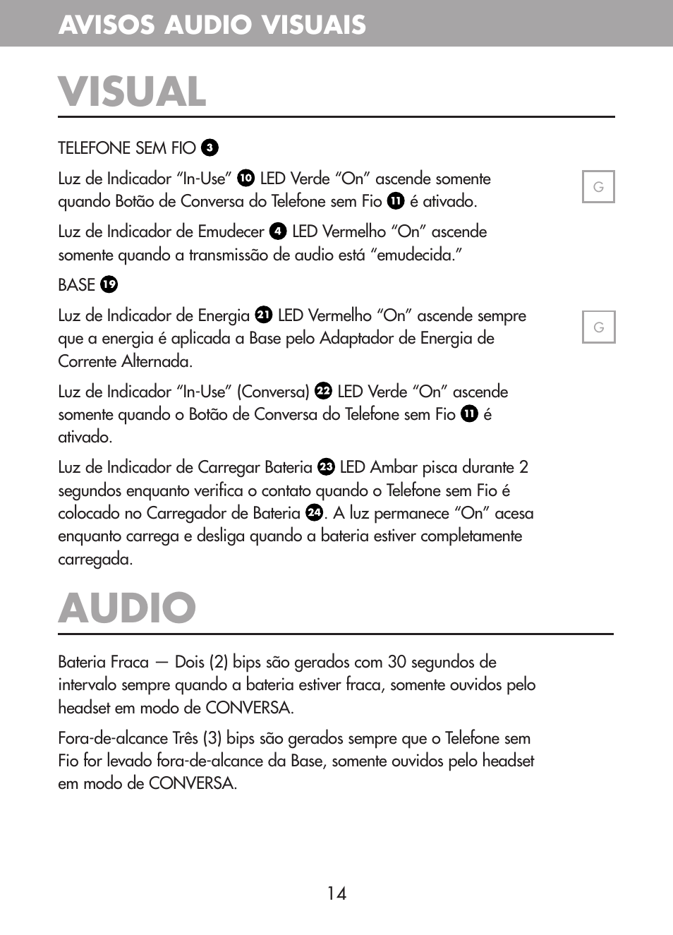 Audio, Visual, Avisos audio visuais | Plantronics CT10 User Manual | Page 77 / 136