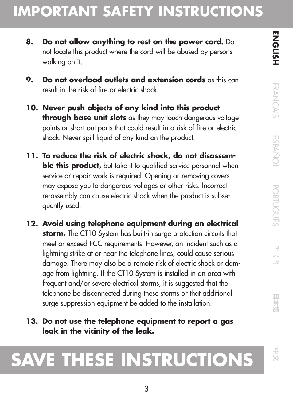 Save these instructions, Important safety instructions | Plantronics CT10 User Manual | Page 8 / 136