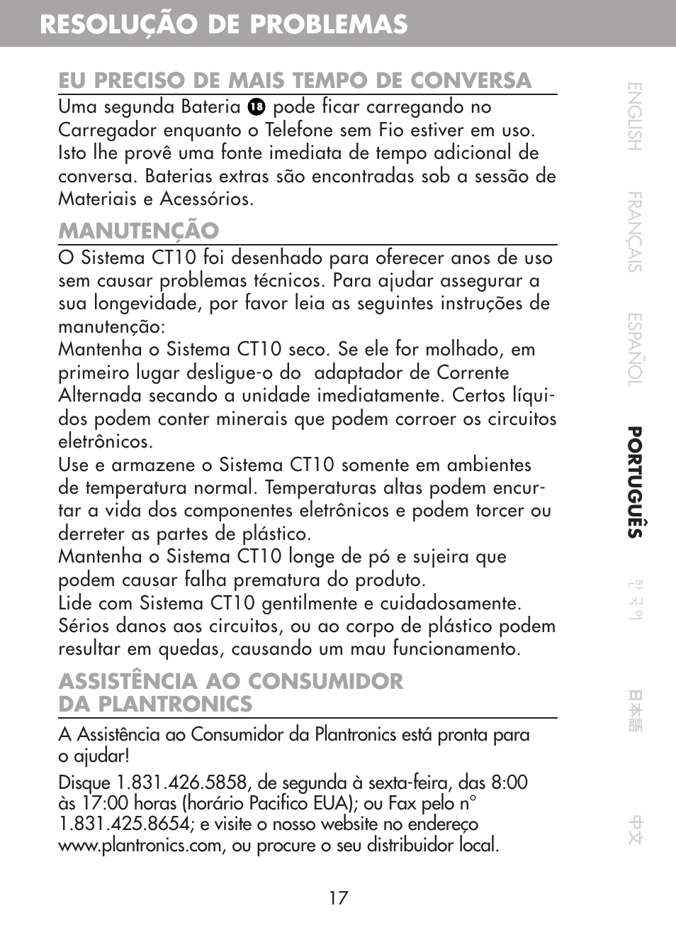 Resolução de problemas | Plantronics CT10 User Manual | Page 80 / 136