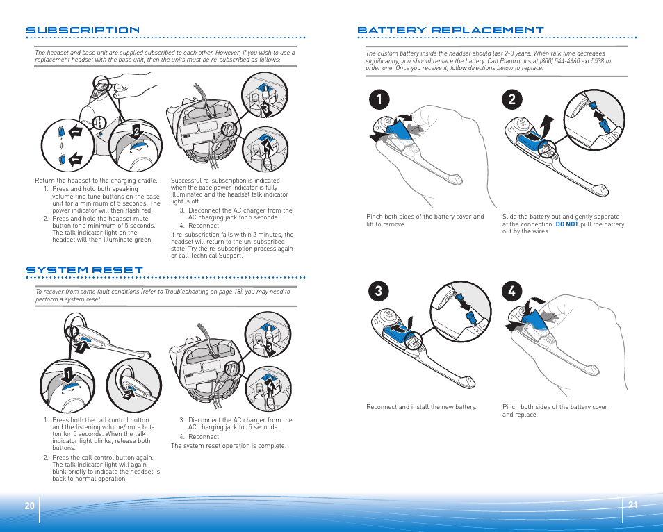 Battery replacement, Subscription, System reset | Plantronics WIRELESS OFFICE HEADSET SYSTEM CS50/55 User Manual | Page 11 / 12