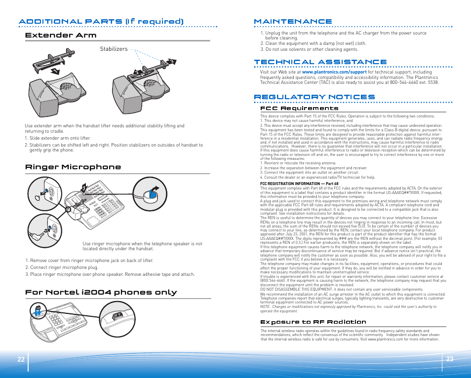 Additional parts (if required), Regulatory notices, Maintenance | Technical assistance, Exposure to rf radiation fcc requirements | Plantronics WIRELESS OFFICE HEADSET SYSTEM CS50/55 User Manual | Page 12 / 12