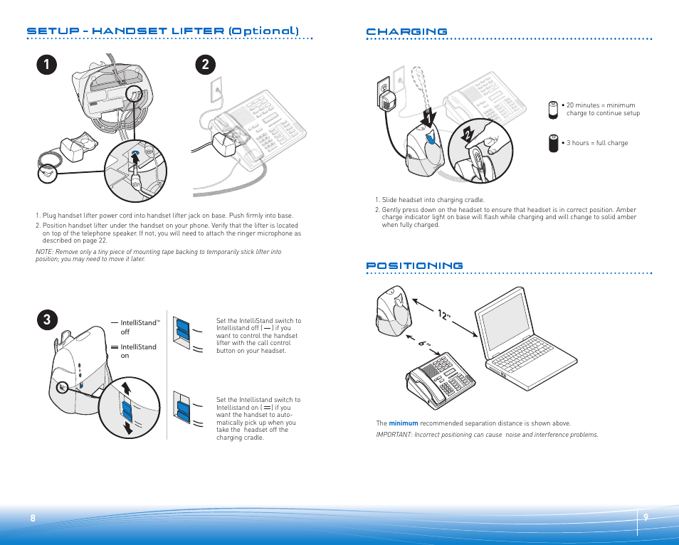 Charging, Positioning, Setup - handset lifter (optional) | Plantronics WIRELESS OFFICE HEADSET SYSTEM CS50/55 User Manual | Page 5 / 12