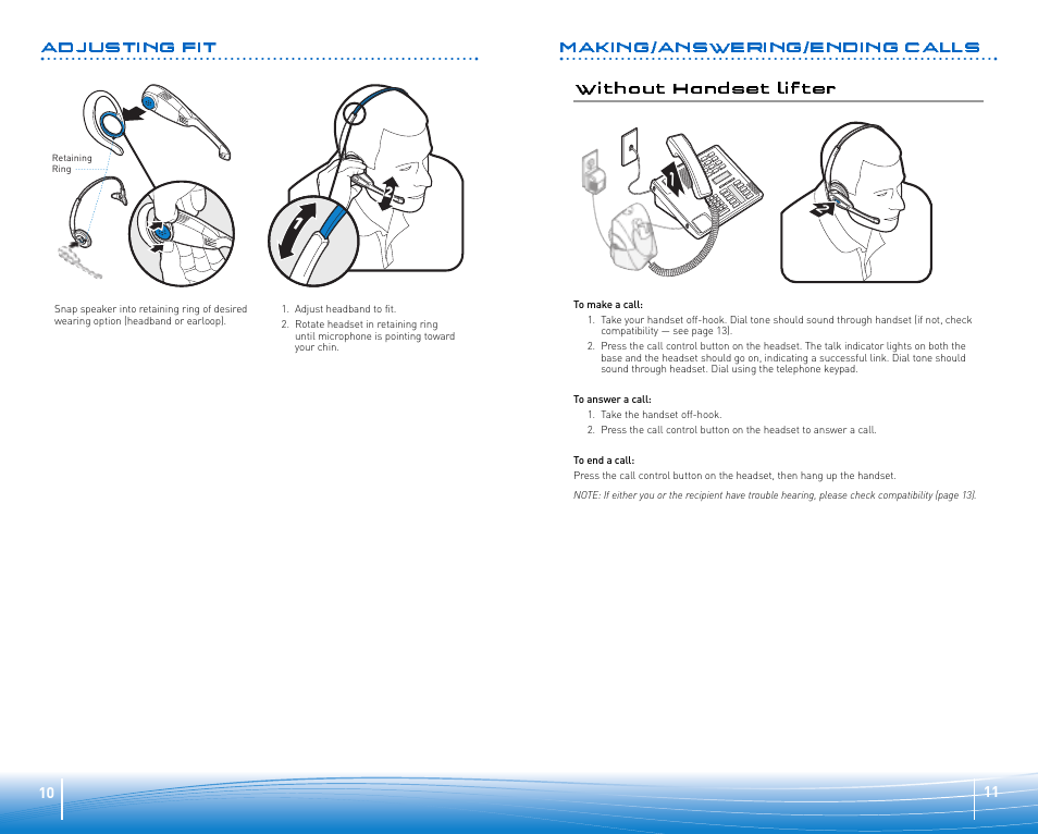 Adjusting fit, Making/answering/ending calls, Without handset lifter | Plantronics WIRELESS OFFICE HEADSET SYSTEM CS50/55 User Manual | Page 6 / 12