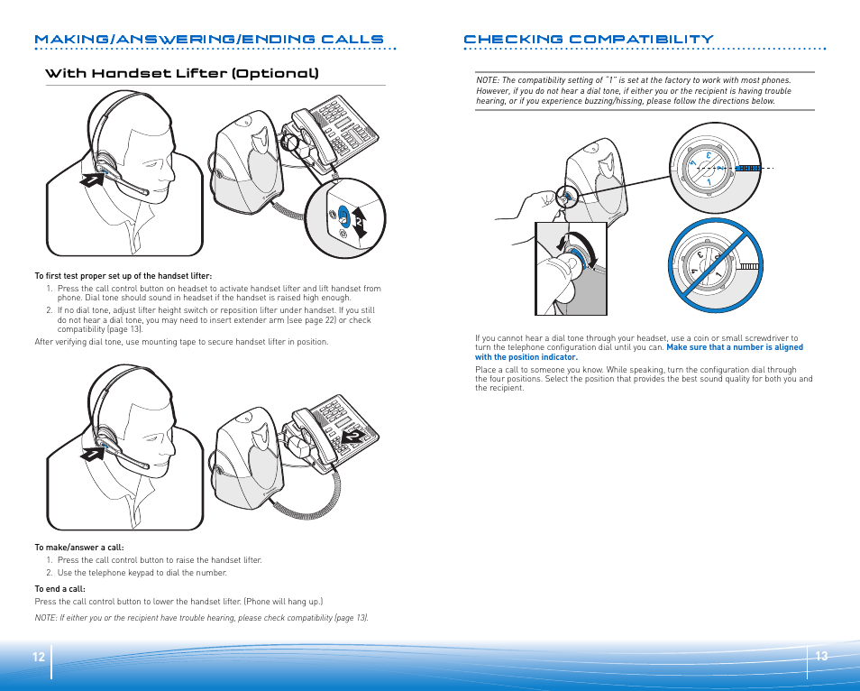 Checking compatibility, Making/answering/ending calls | Plantronics WIRELESS OFFICE HEADSET SYSTEM CS50/55 User Manual | Page 7 / 12