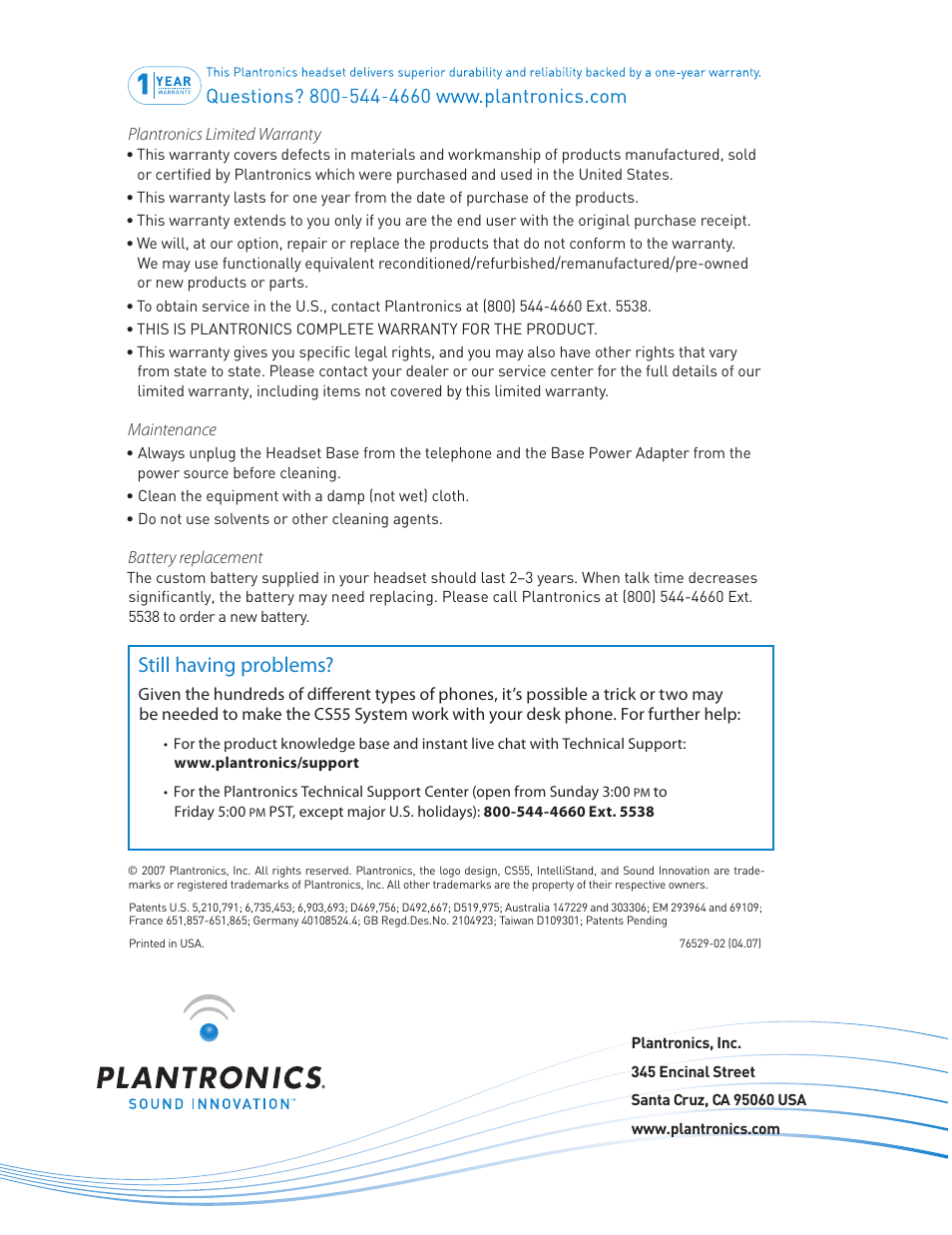 Still having problems | Plantronics CS55 Series User Manual | Page 16 / 16