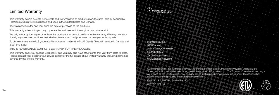 Limited warranty | Plantronics Voyager User Manual | Page 10 / 10