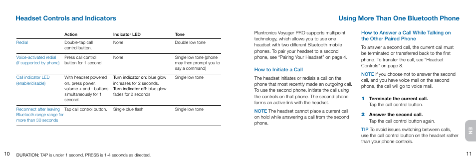 Using more than one bluetooth phone, Headset controls and indicators | Plantronics Voyager User Manual | Page 8 / 10