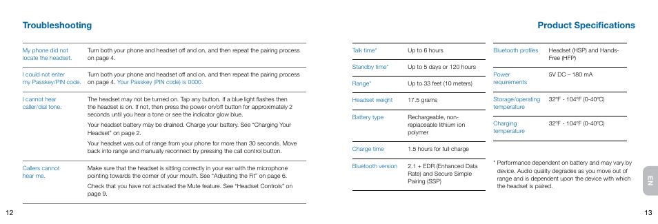 Product specifications, Troubleshooting | Plantronics Voyager User Manual | Page 9 / 10