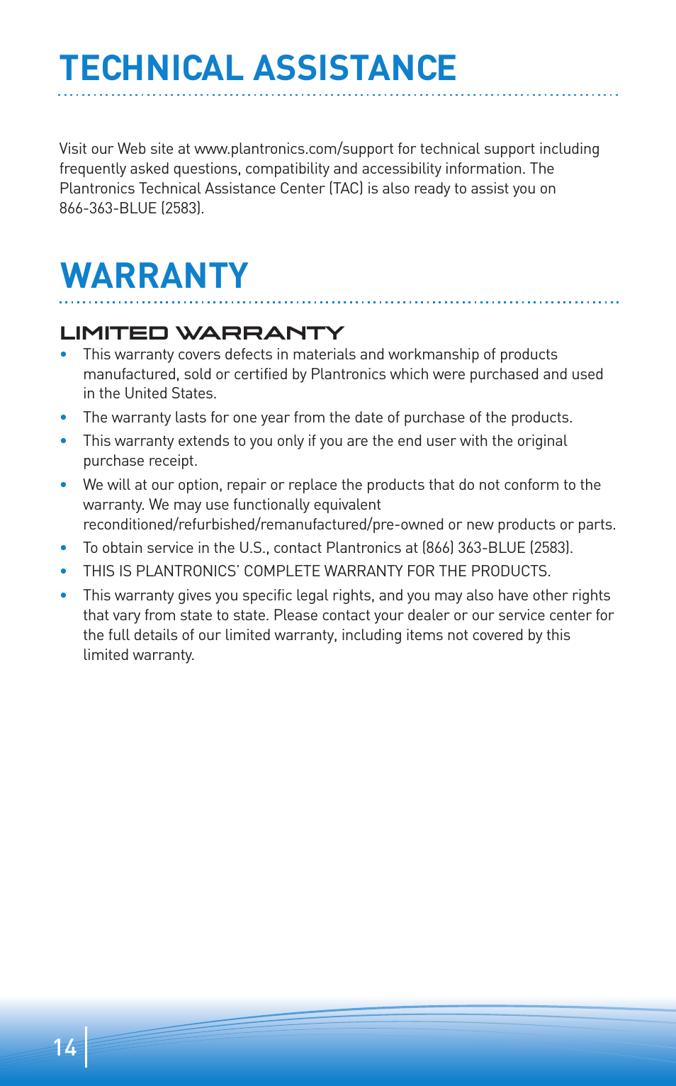 Technical assistance warranty | Plantronics Discovery Bluetooth Headset with Digitally Enhanced Sound for Clear Conversation 665 User Manual | Page 14 / 16