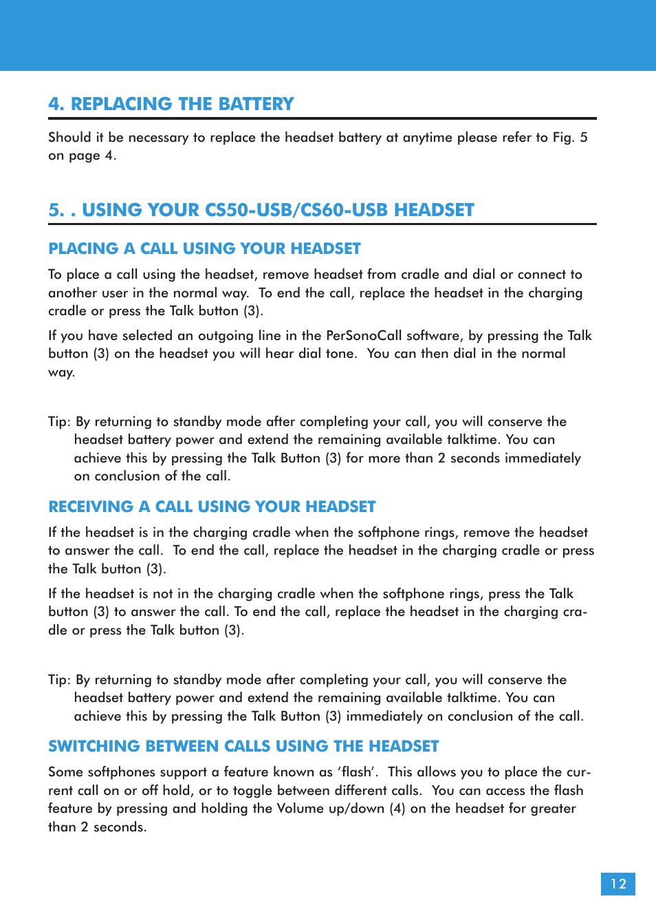 Replacing the battery, . using your cs50-usb/cs60-usb headset | Plantronics CS60 User Manual | Page 13 / 21